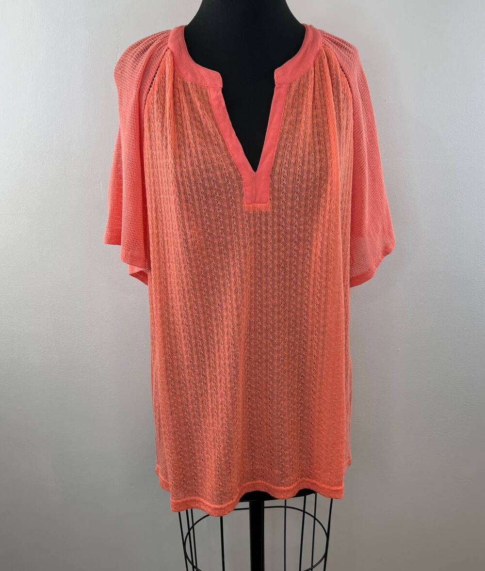 Weekend Suzanne Betro Pink Coral Split Neck Short Sleeve Knit Top Cover Up 1X